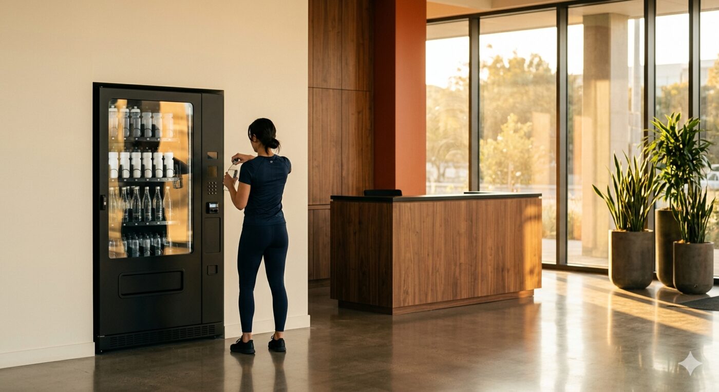Person in athletic wear at a sleek drinks vending machine in a premium gym lobby with floor-to-ceiling windows.